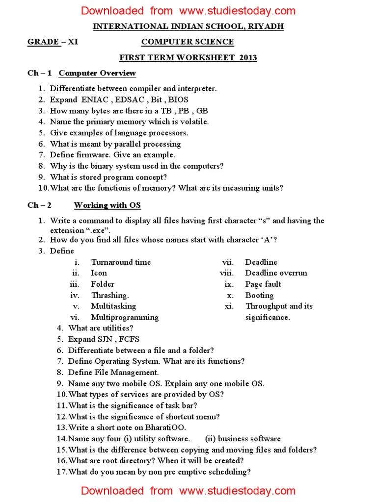 CBSE Class 11 Computer Science Question Paper SA1 2013 Computer Data