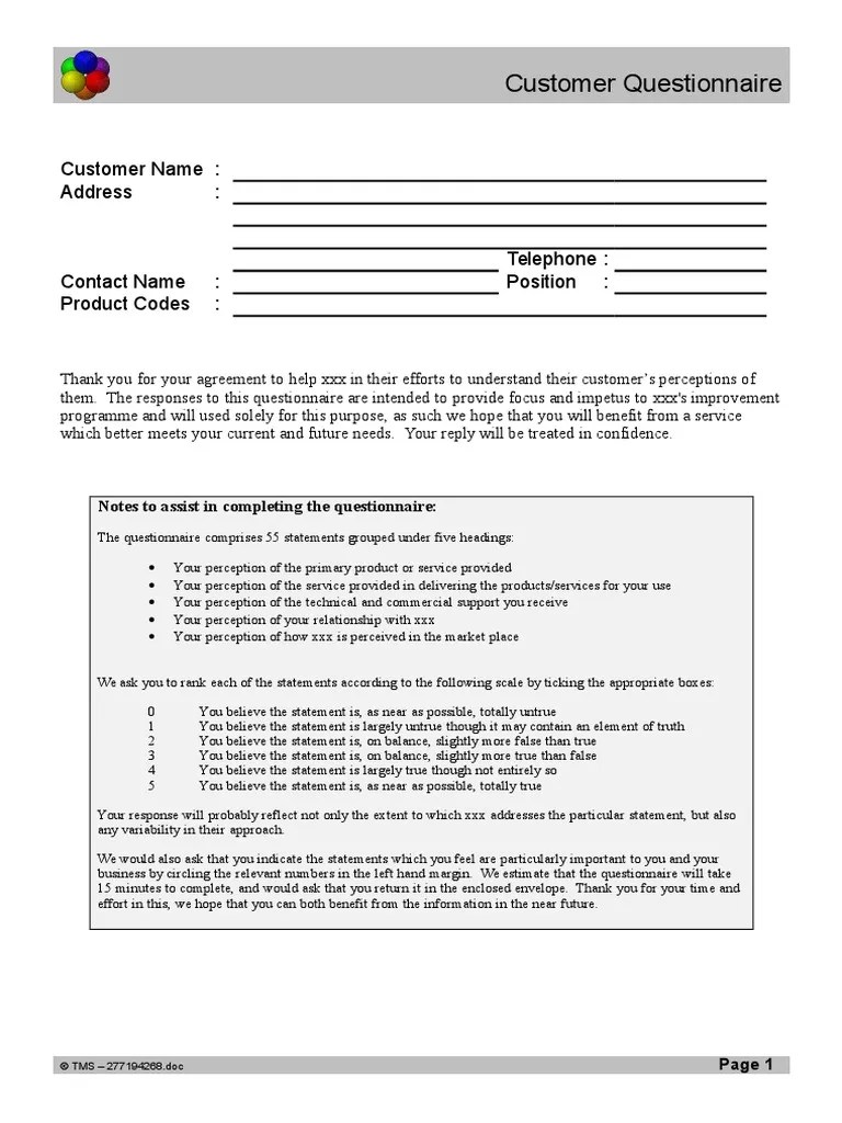 Customer Questionnaire Supply Chain Perception