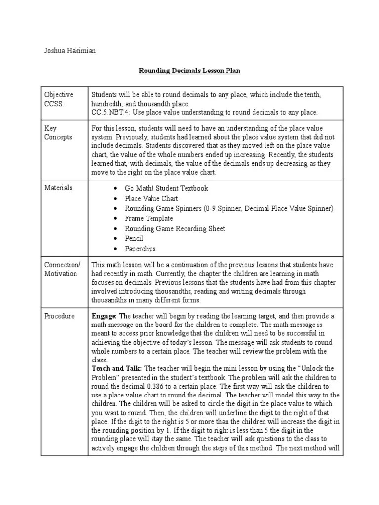 Rounding Decimals Math Lesson Plan PDF Worksheet Teachers