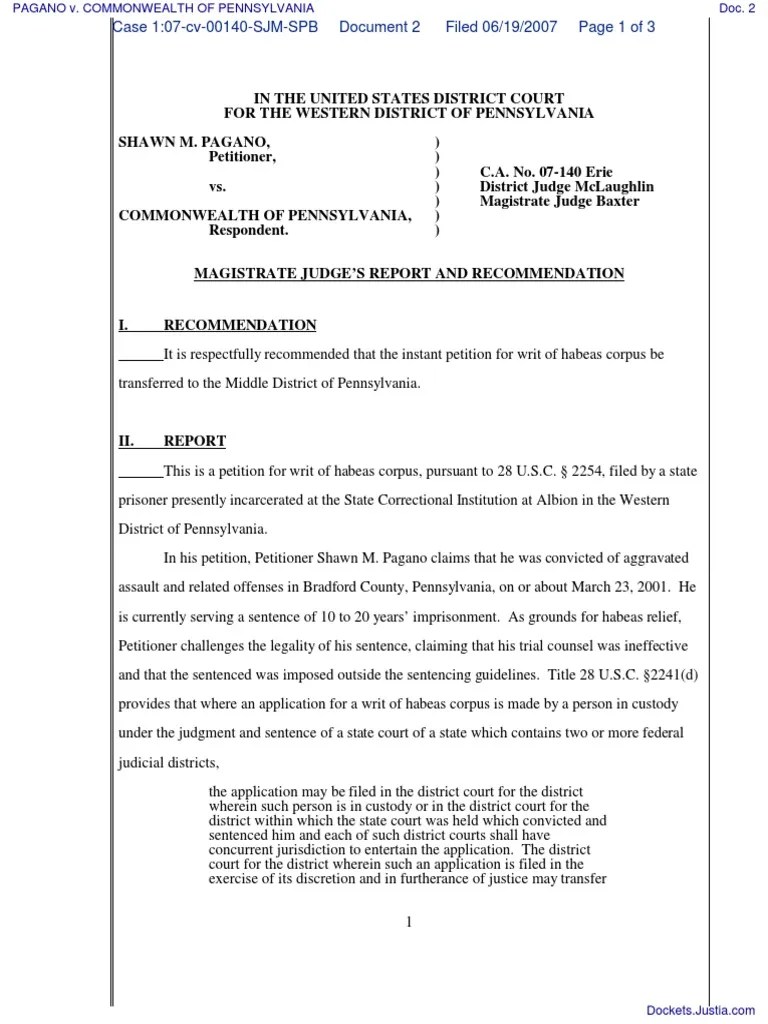 PAGANO v. COMMONWEALTH OF PENNSYLVANIA Document No. 2 United States
