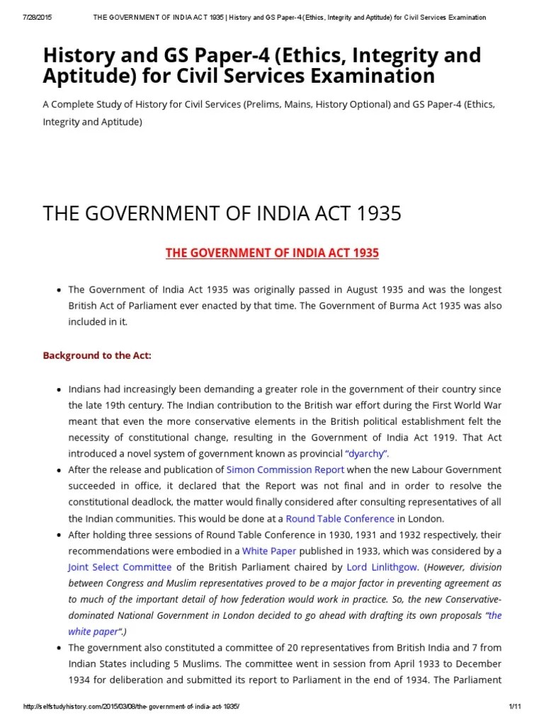 The GOVERNMENT of INDIA ACT 1935 _ History and GS Paper4 (Ethics