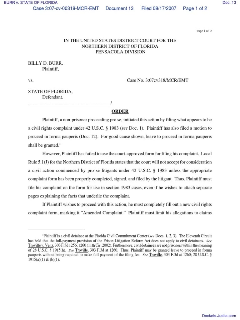 BURR v. STATE OF FLORIDA Document No. 13 Complaint Pro Se Legal