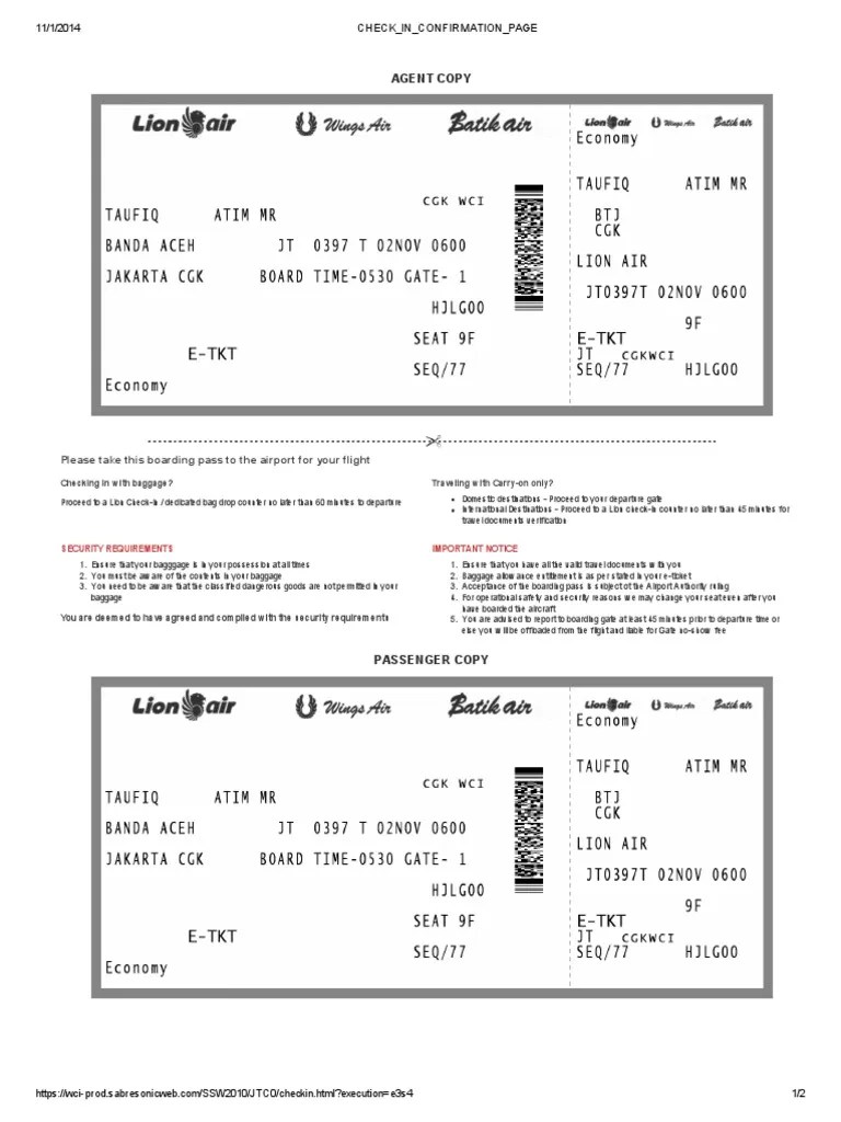 Check in Confirmation Page Aviation Transport