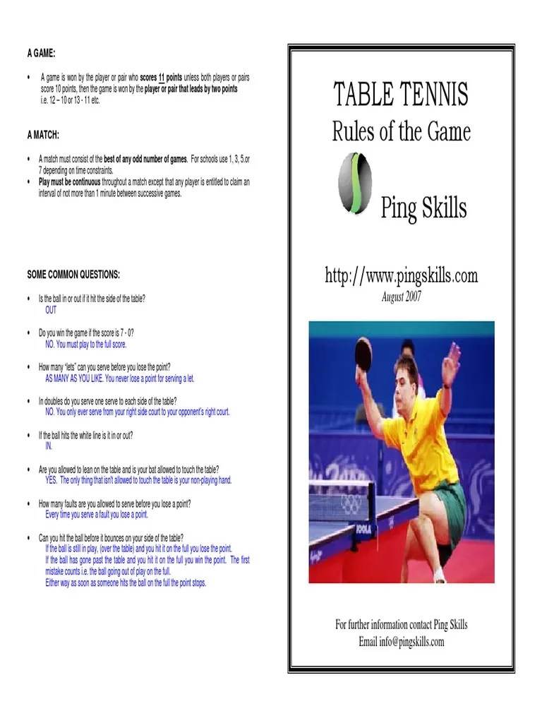 Ping Pong Table Tennis Rules PDF