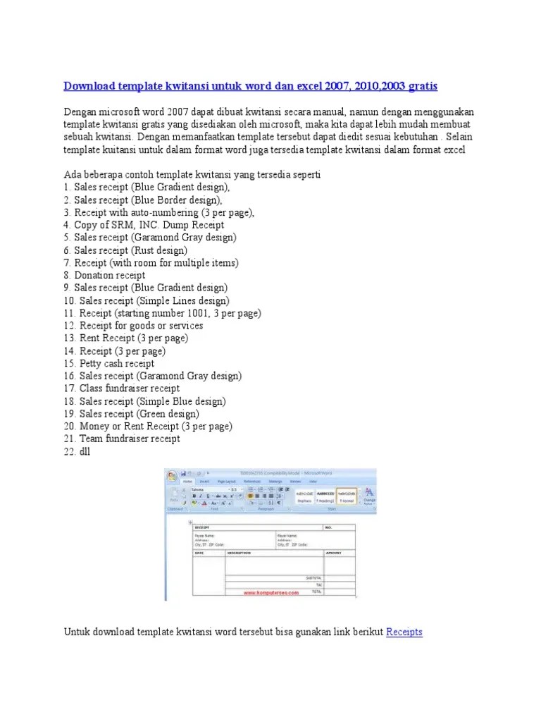 Template Kwitansi Untuk Word Dan Excel 2007 PDF