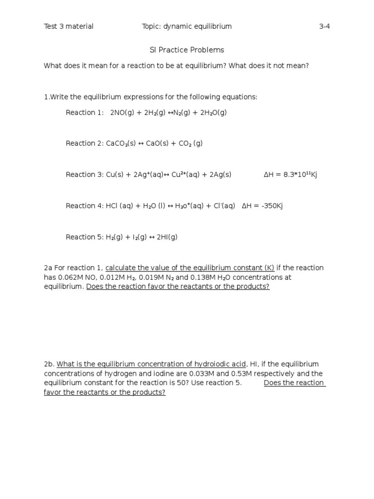 chemical equilibrium worksheet