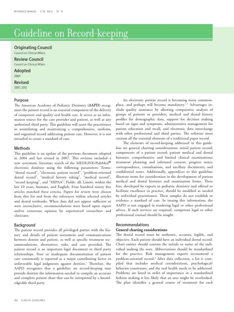 Guidelines on dental record keeping Dentistry Medical Diagnosis