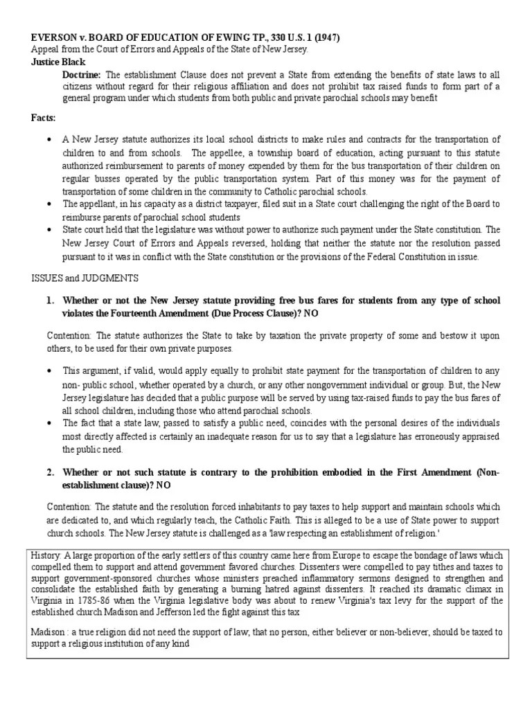 1 Everson v. Board of Education Establishment Clause Constitutional Law