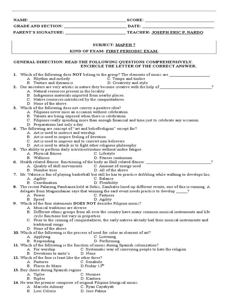 Test in MAPEH grade 7 Philippines Test (Assessment)