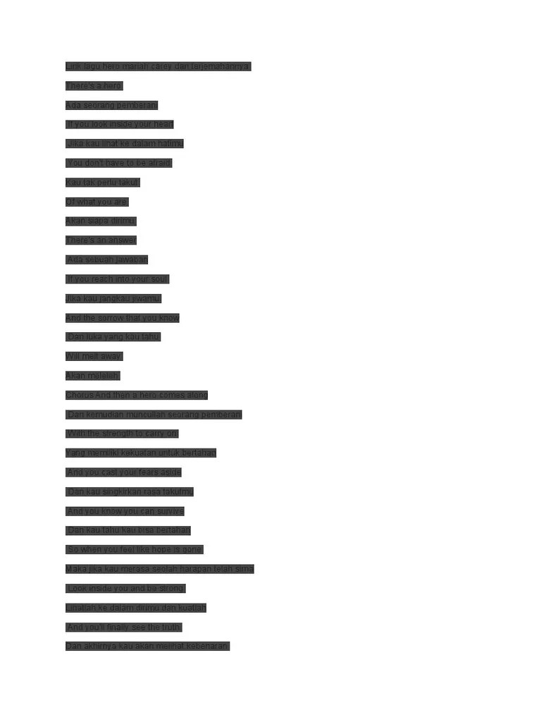 Lirik Lagu Hero Mariah Carey Dan Terjemahannya | PDF