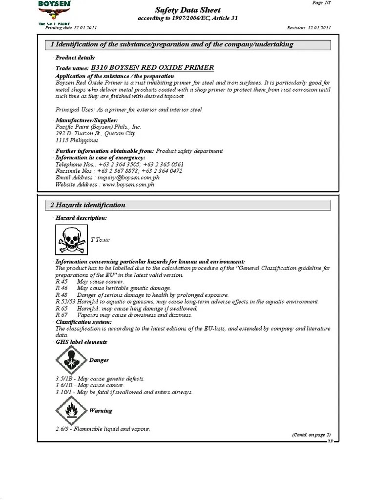Safety Data Sheet for B310 Boysen Red Oxide Primer PDF Dangerous
