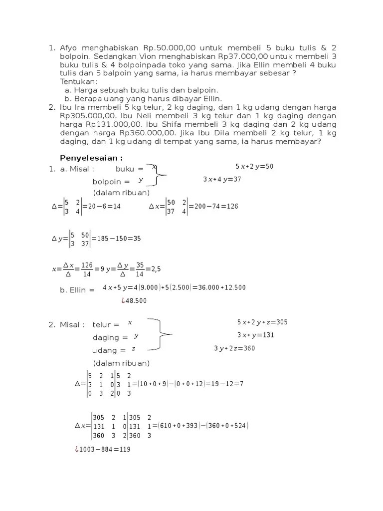 Soal Cerita Spldv Beserta Penyelesaian