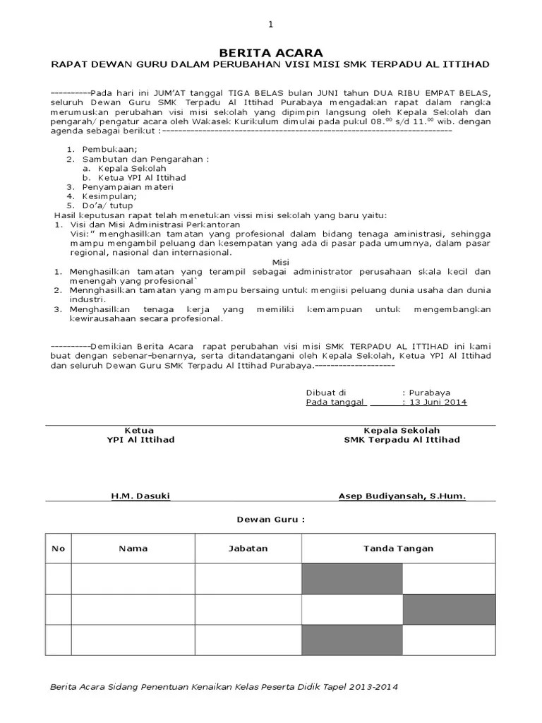 BERITA ACARA Perubahan Visi Misi | PDF