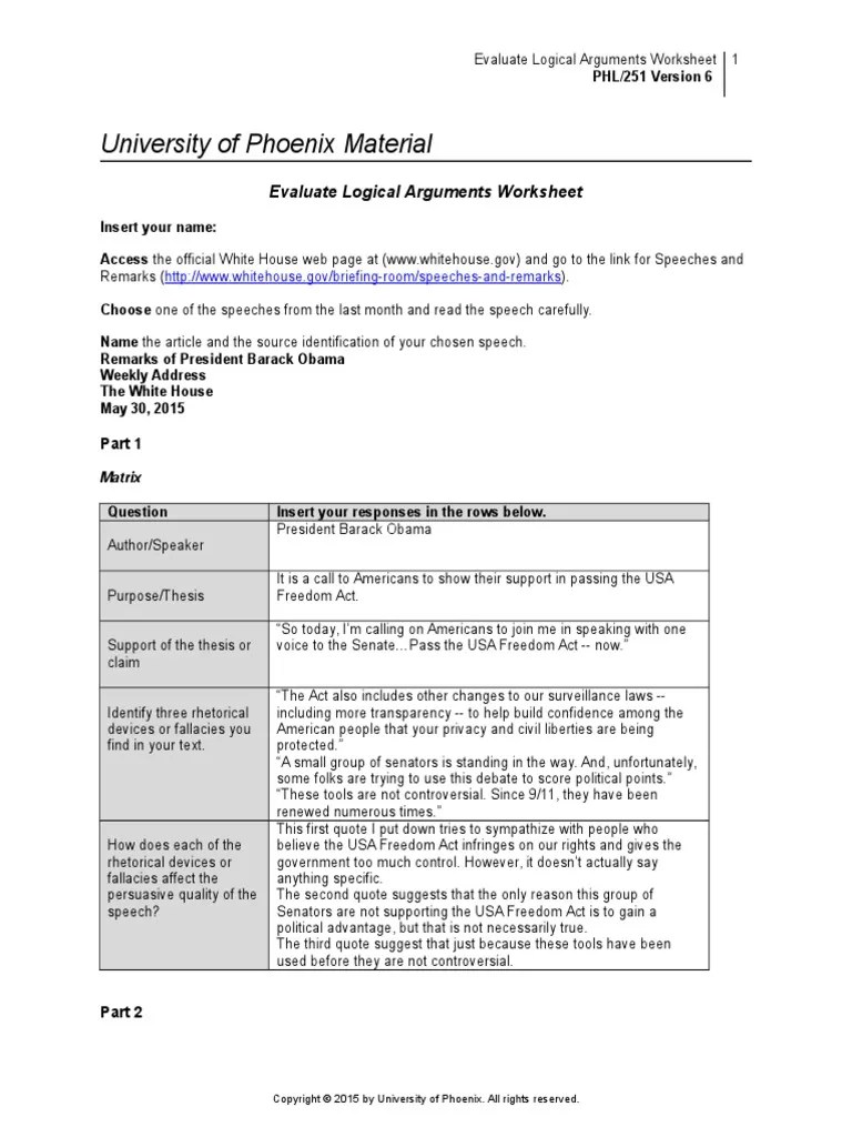 PHL251r6 Wk3 Evaluate Logical Arguments Worksheet Argument Fallacy