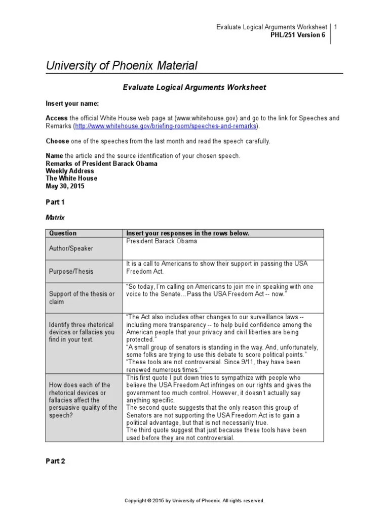 PHL251r6 Wk3 Evaluate Logical Arguments Worksheet | Argument | Fallacy