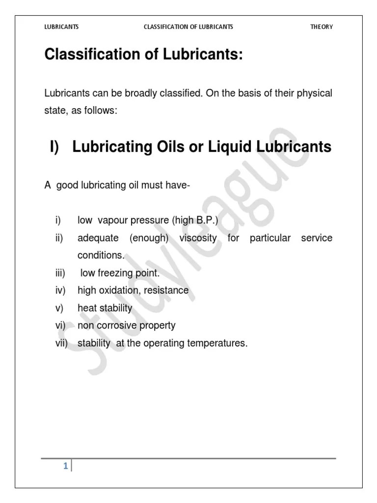 Classification of Lubricants Lubricant Soap