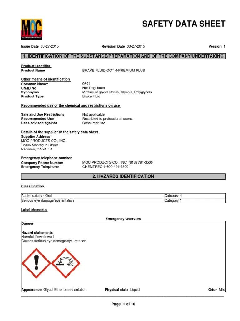 Brake Fluid Dot 4 MOC MSDS PDF Superfund Carbon Dioxide