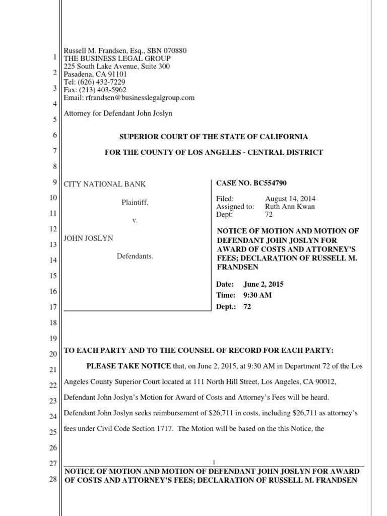 Motion For Attorney�s Fees Costs In English Law Mail