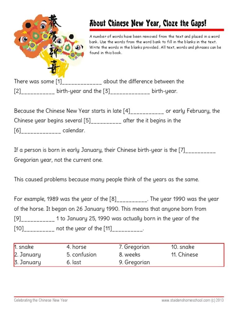 Chinese New Year Worksheet with Answer Key Cloze Vocab