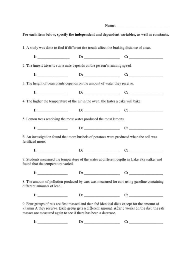 variables_worksheet.pdf Experiment Dependent And Independent Variables