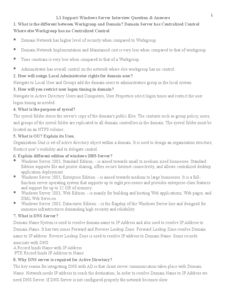 L1 SupportWindows Server Interview Question & Answers PDF Domain