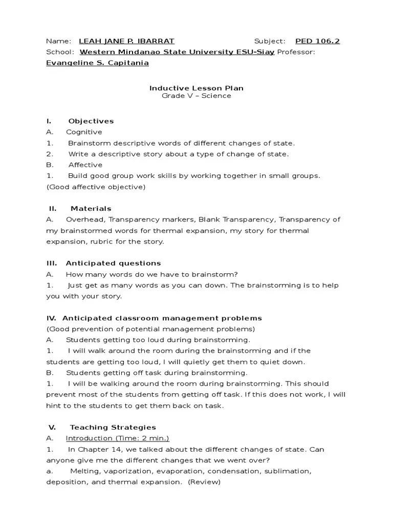 Inductive Lesson Plan Brainstorming Thermal Expansion