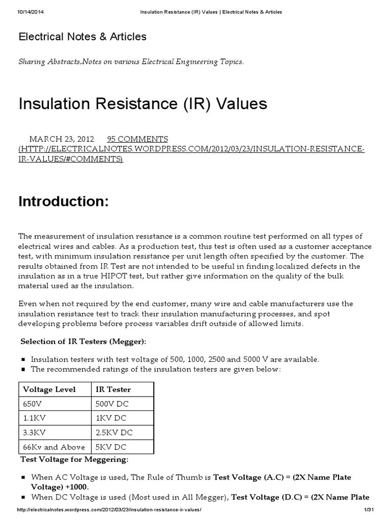 Insulation Resistance (IR) Values _ Electrical Notes & Articles