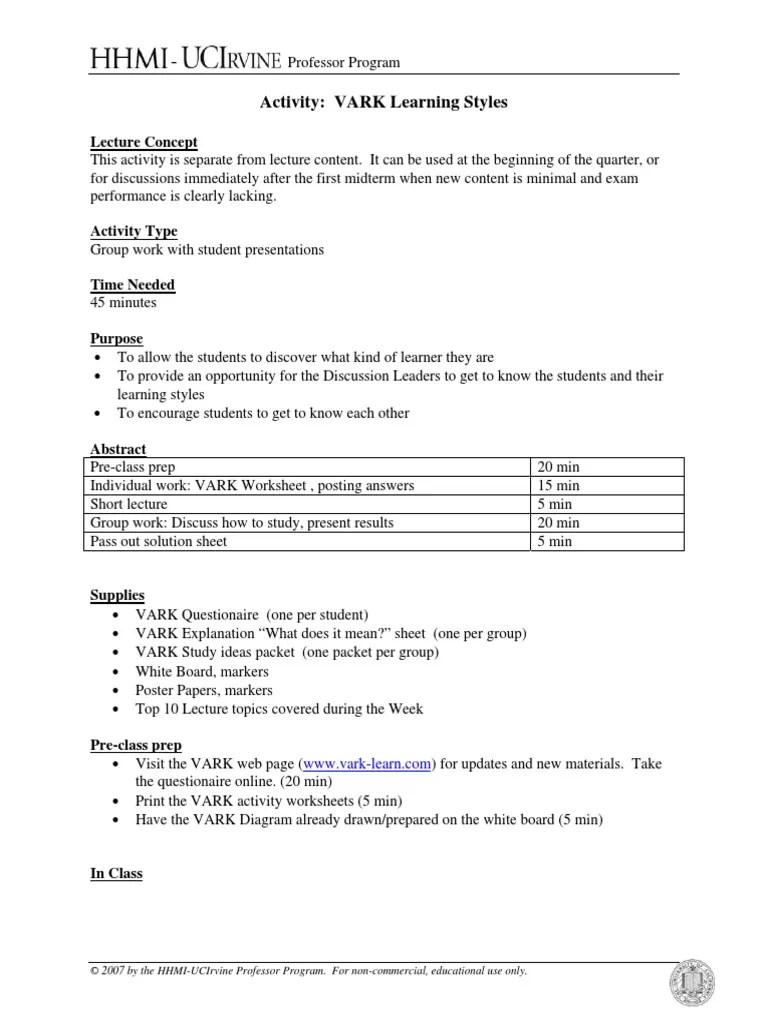 Activity VARK Learning Style PDF Learning Styles Lecture