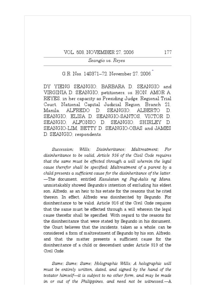 succession case Will And Testament Intestacy