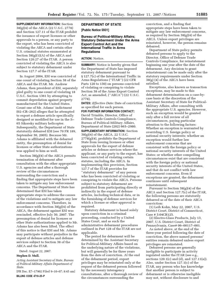 Notice Arms Export Control Act Kohn, Leib, Et Al. Section 38 Violation Statutory Debarment