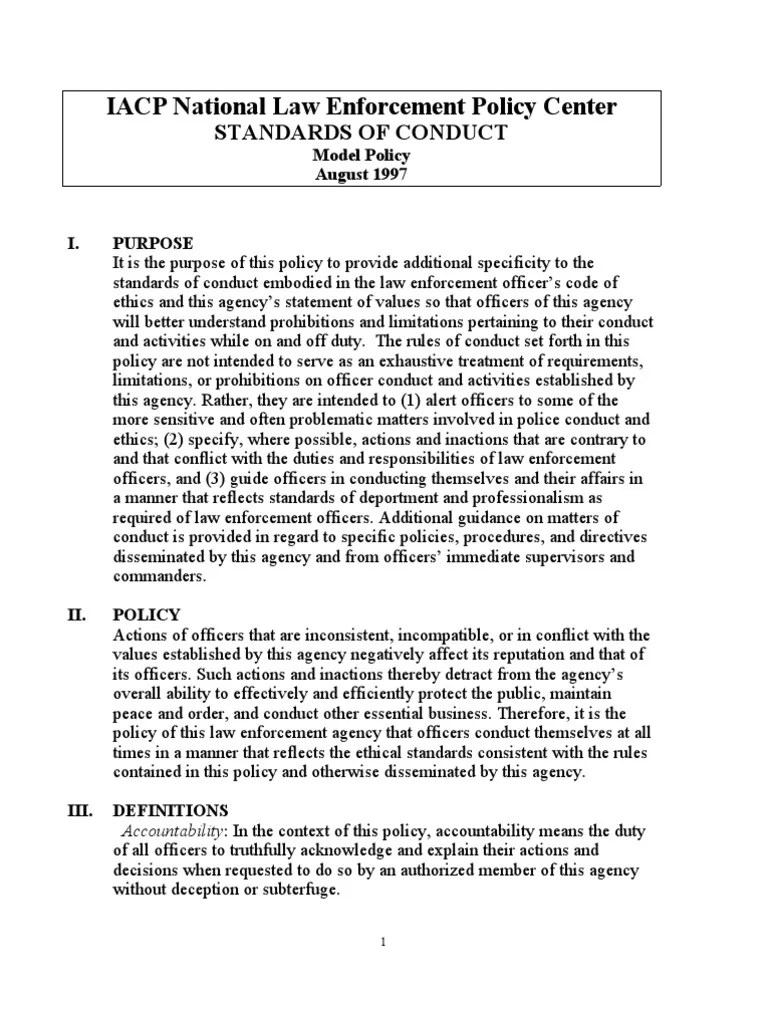 Standards of Conduct Policy Arrest Police
