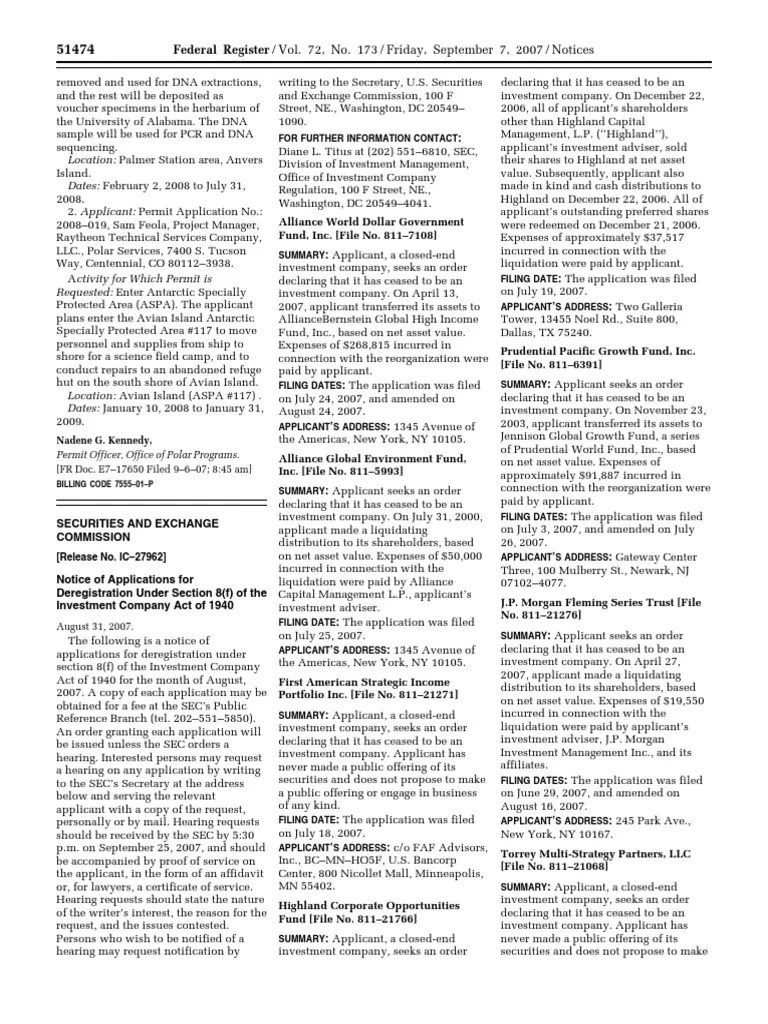 Notice Investment Company Act of 1940 Alliance World