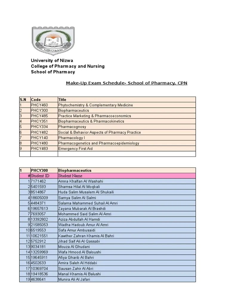 MakeUp Exam Schedule.xlsx Pharmaceutics Pharmacy