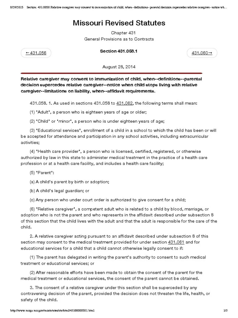 Missouri Revised Statutes 431.058.1 Caregiver Parent(02)