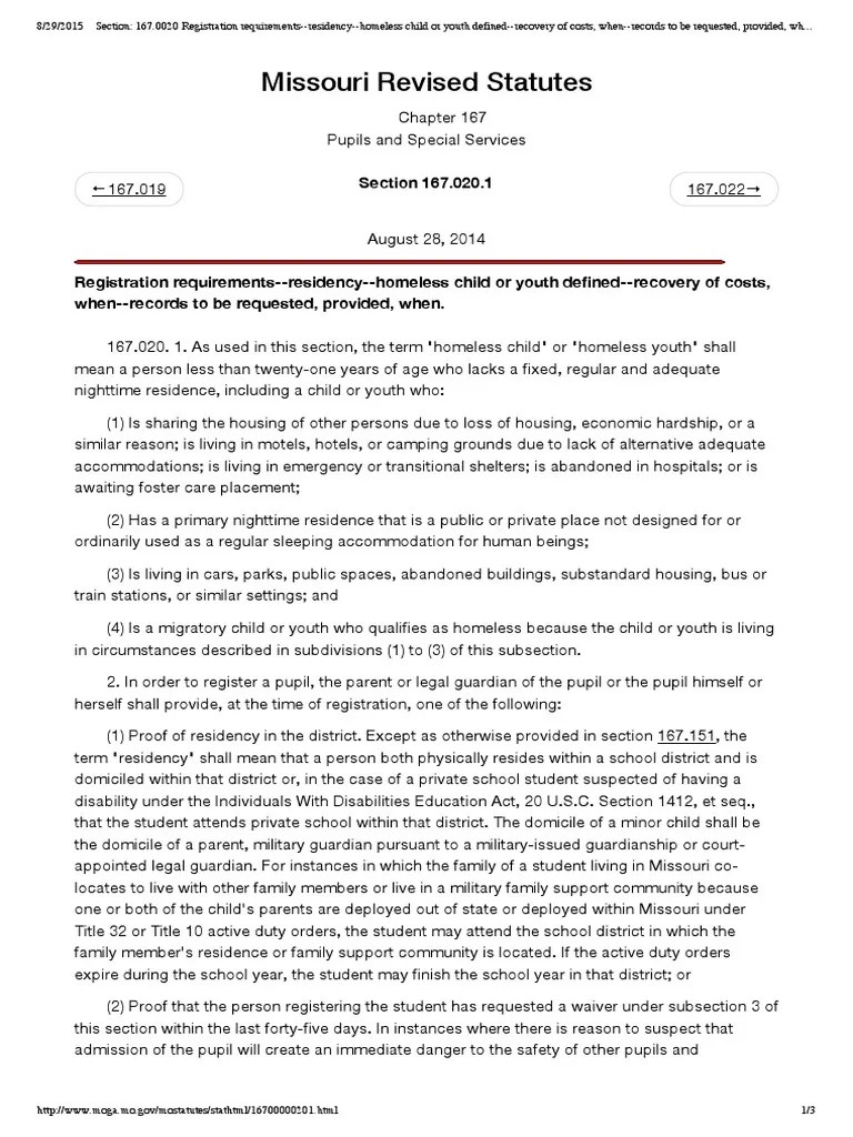 Missouri Revised Statutes 167.020.1 Legal Guardian Homelessness(01)