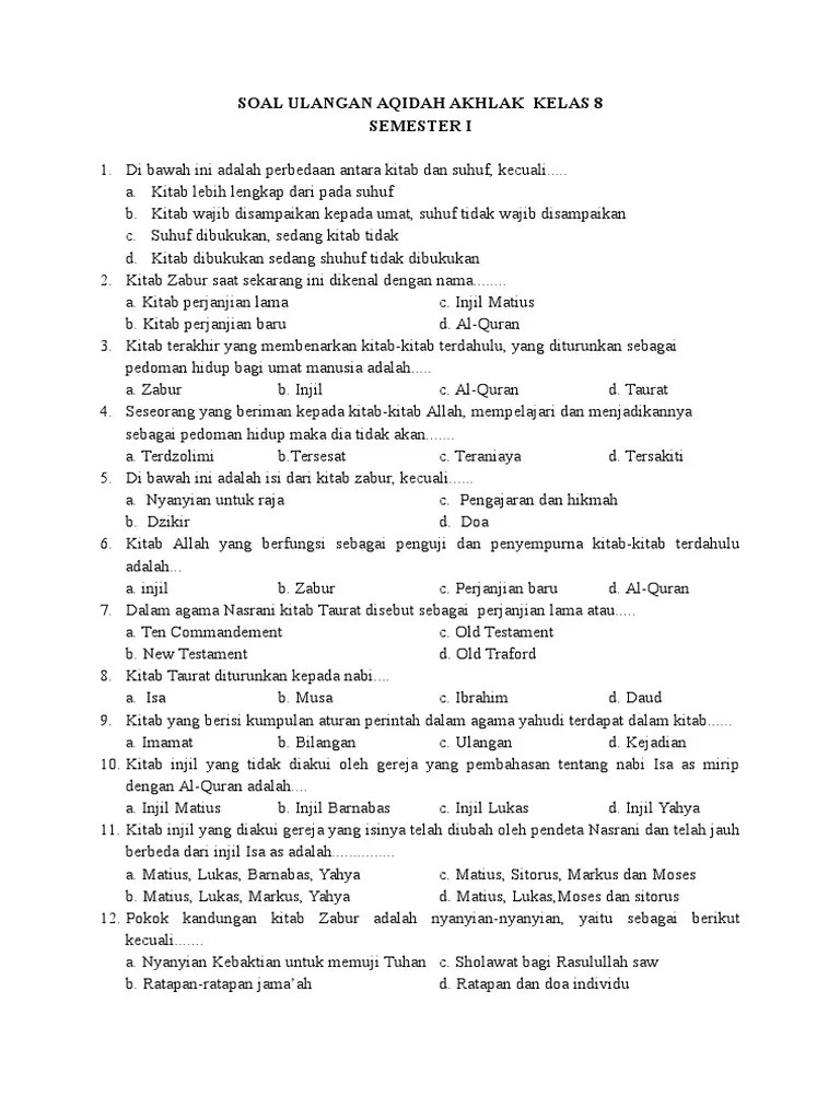 Soal Ulangan Aqidah Akhlak Kelas 8 | PDF