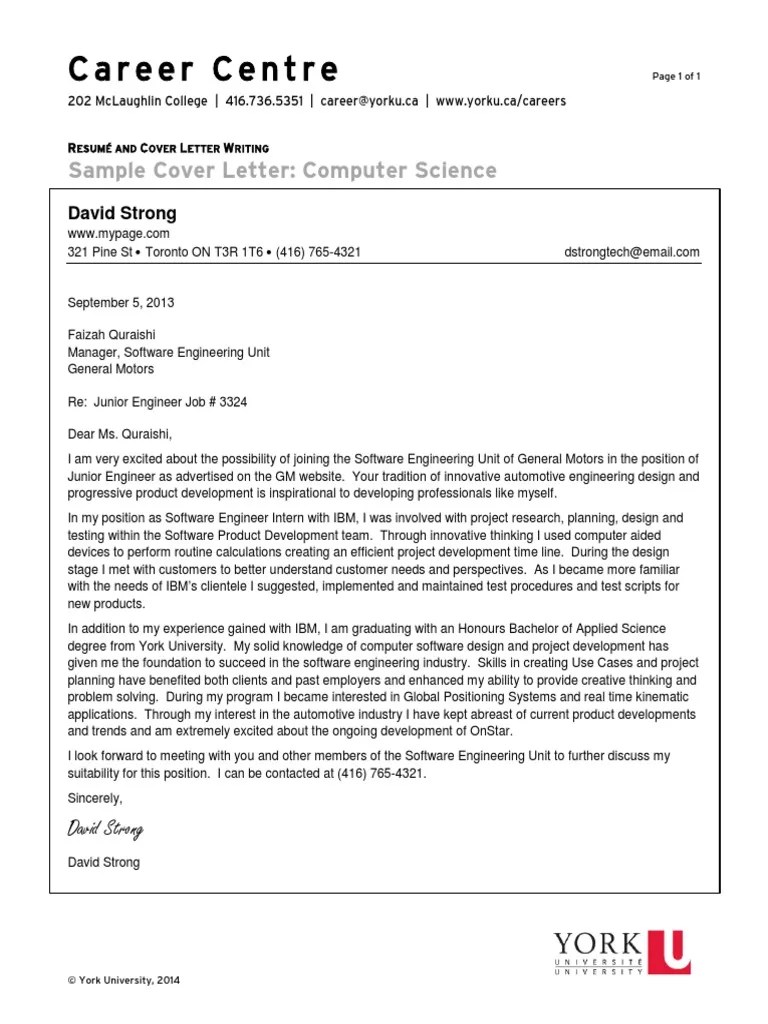 A cover letter is at least as important as a resume in helping you land an interview for the job you want. Sample Cover Letter Computer Science Pdf Engineering General Motors