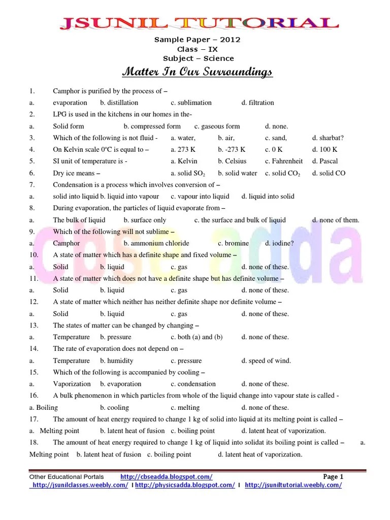 9th Matter in Our Surroundings MCQ PDF Latent Heat Liquids