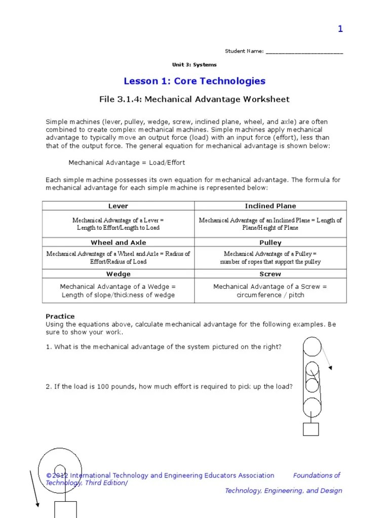 3 1 4 b mechanical advantage worksheet Machines Mechanical Engineering