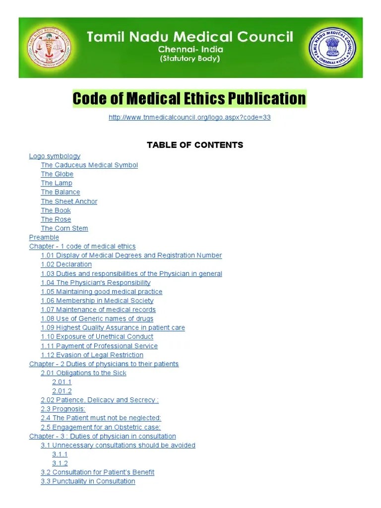 Code of Medical Ethics Tamil Nadu Medical Council Physician