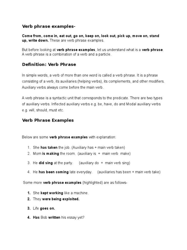 Verb Phrase Examples Verb Phrase