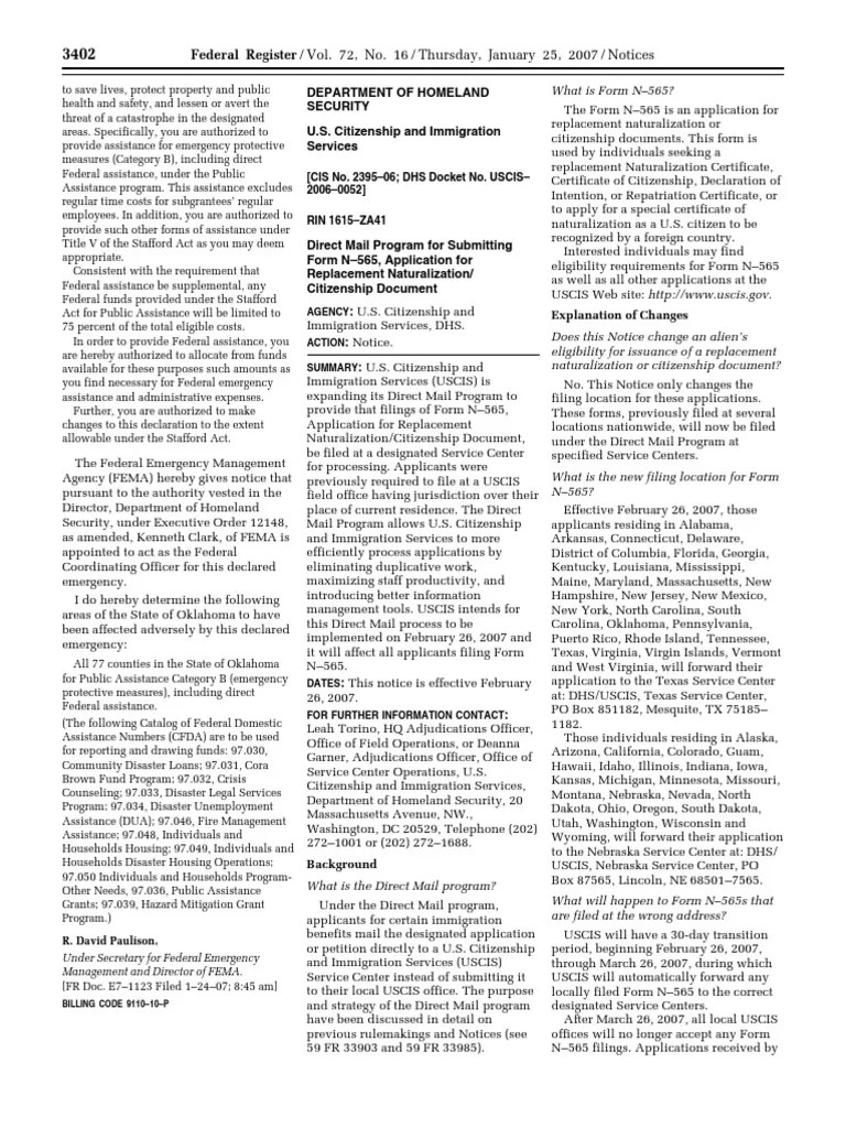 Notice Immigration Direct Mail Program; replacement naturalization