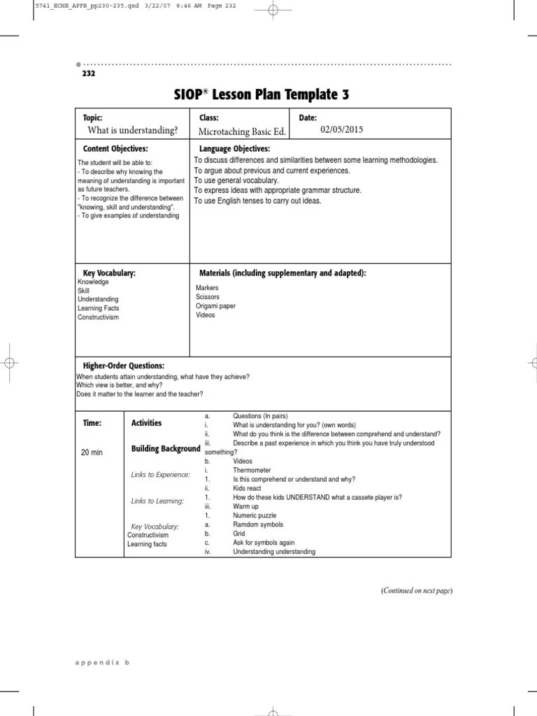 Siop Lesson Plan Template 3 What Is Understanding? PDF