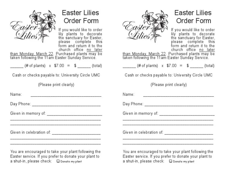 Easter Lilies Order Form PDF April Observances Easter