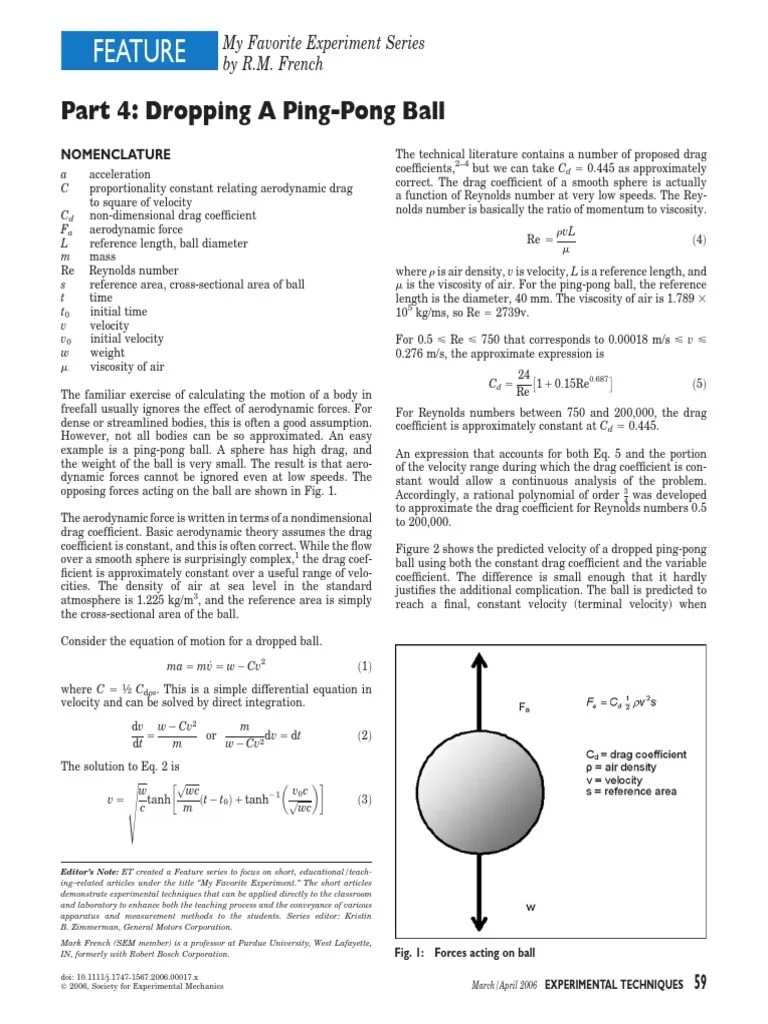 Ping Pong Ball Drop Published Article Drag (Physics) Reynolds Number