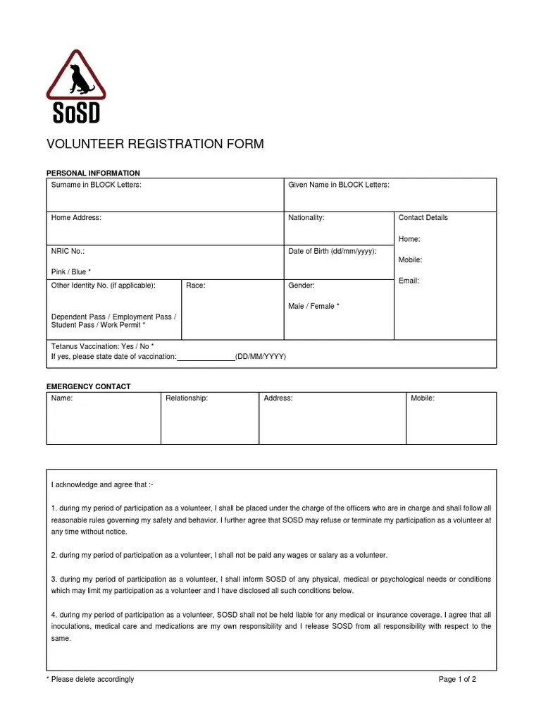 SOSD Volunteer Registration & Indemnity Form Volunteering Virtue