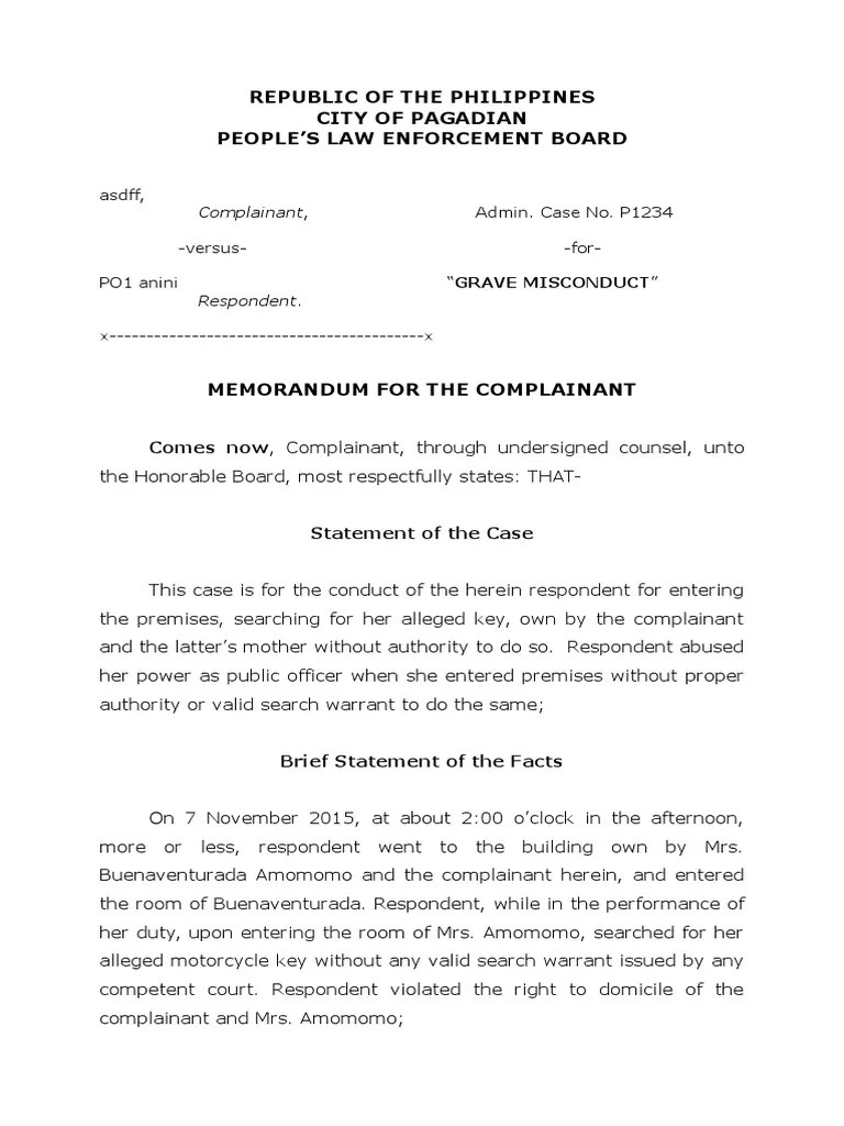 memorandum of complainant sample Search And Seizure Search Warrant