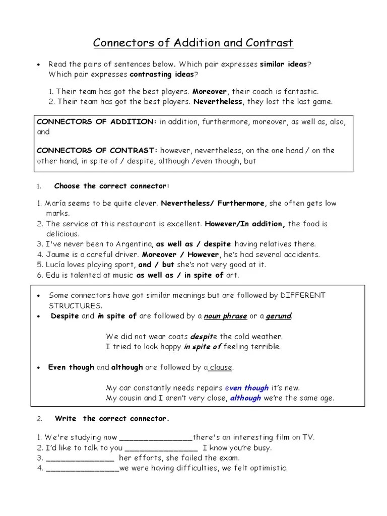 Connectors of Addition and Contrast (1) Syntax Linguistic Morphology