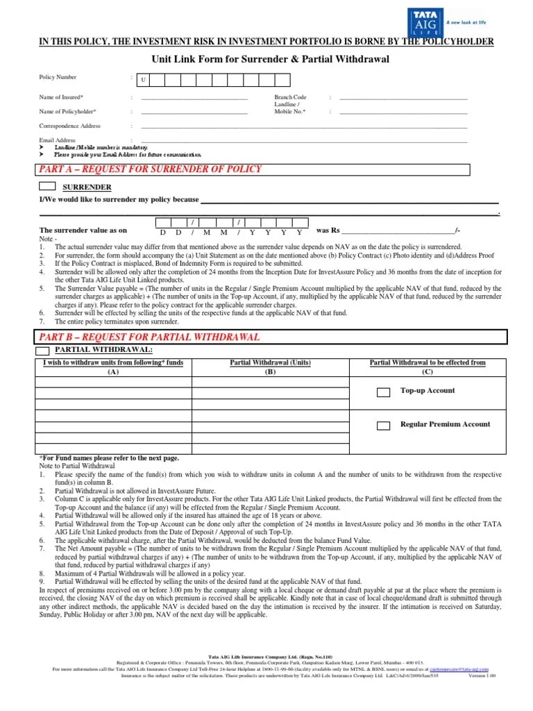 Common RFC for SurrenderPartial Withdrawal Life Insurance Insurance