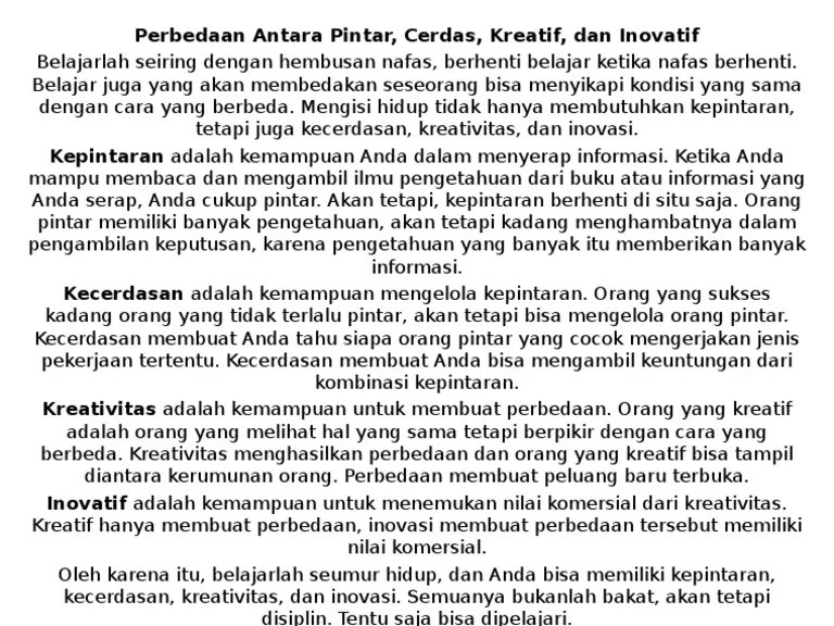 Perbedaan Antara Pintar Cerdas Kreatif Dan Inovatif | PDF